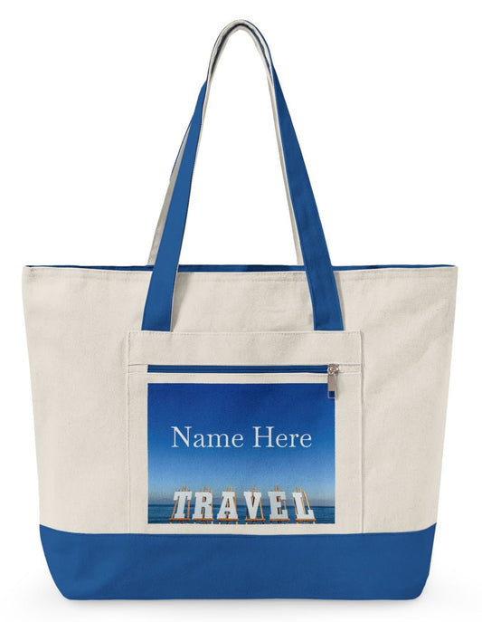 zippered personalized travel tote bag with blue highlights