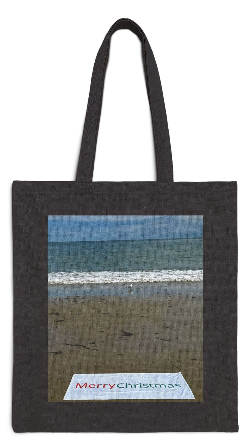 Christmas Tote Bag Black 15” x 16” Cotton Canvas Print on One Side “Beach Christmas with Seagull”