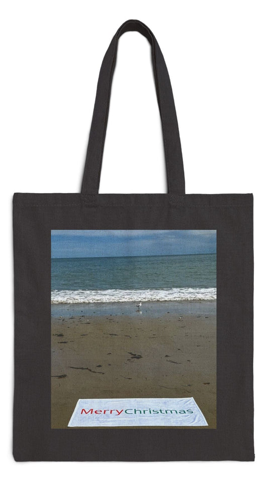 Christmas Tote Bag Black 15” x 16” Cotton Canvas Print on One Side “Beach Christmas with Seagull”