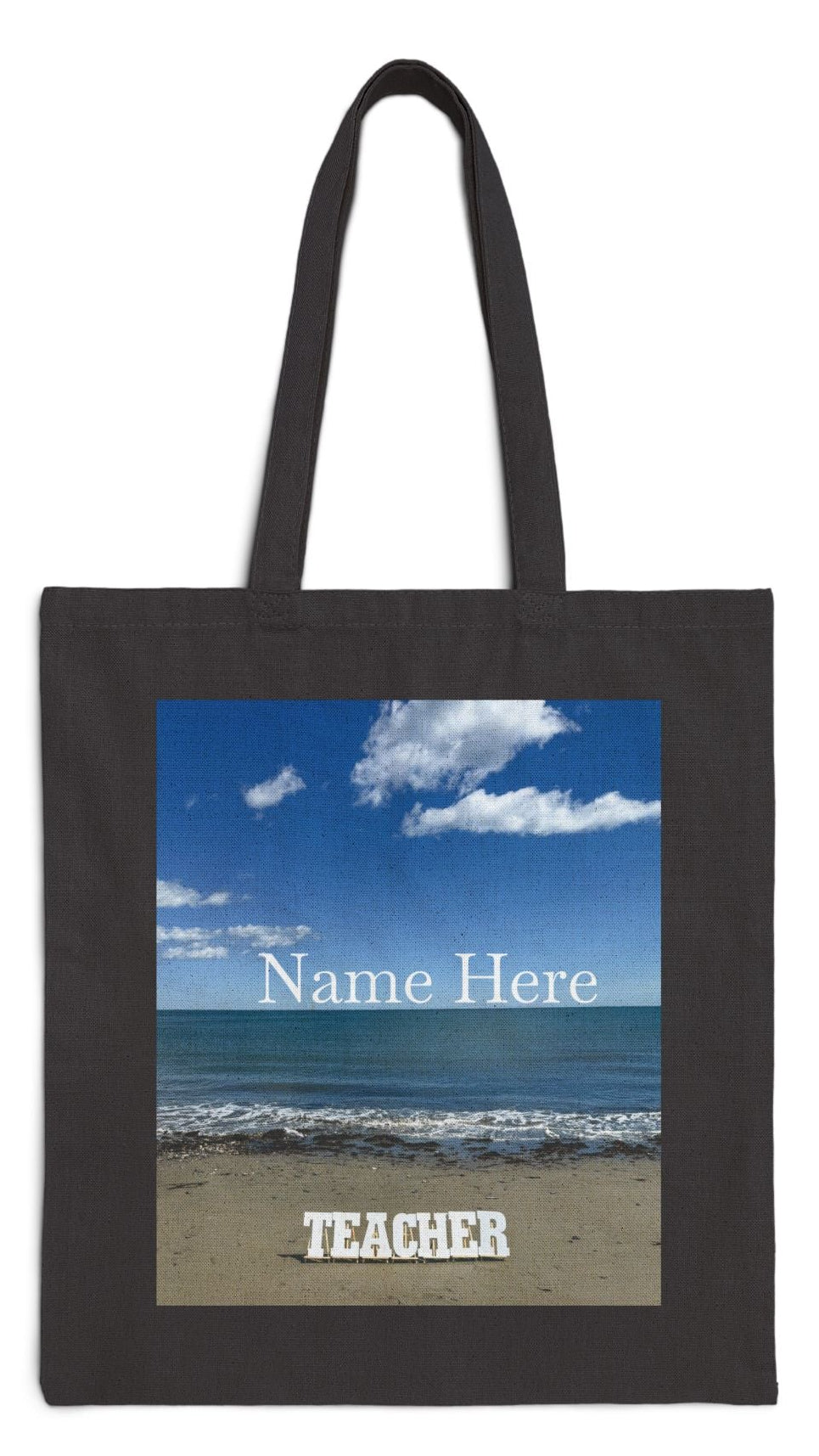 Teacher Tote Bag Black 15" x 16" Cotton Canvas Print on One Side. " Teacher Beachside Tote Bag" (Personalize it)