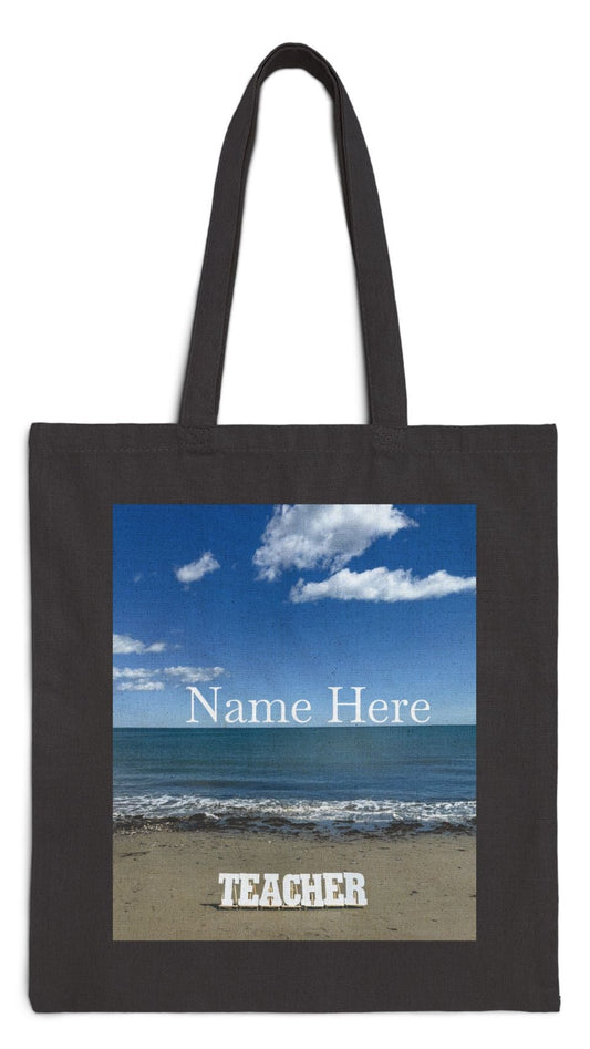 Teacher Tote Bag Black 15" x 16" Cotton Canvas Print on One Side. " Teacher Beachside Tote Bag" (Personalize it)