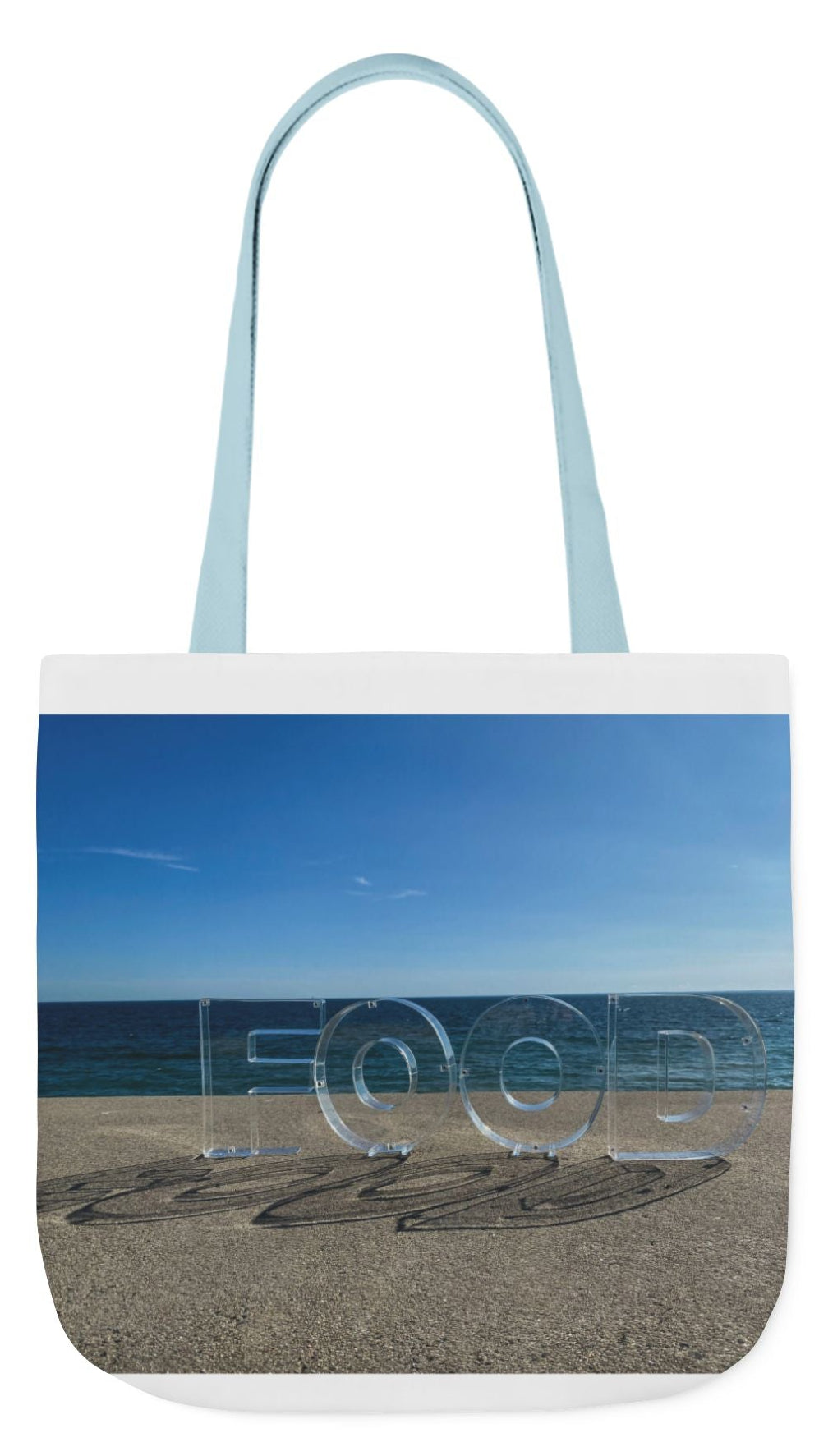 Food Tote Bag 18" x 18" Different Print on each side. 4 Handle Color Choices. "Seaside Food Reflections Bag"