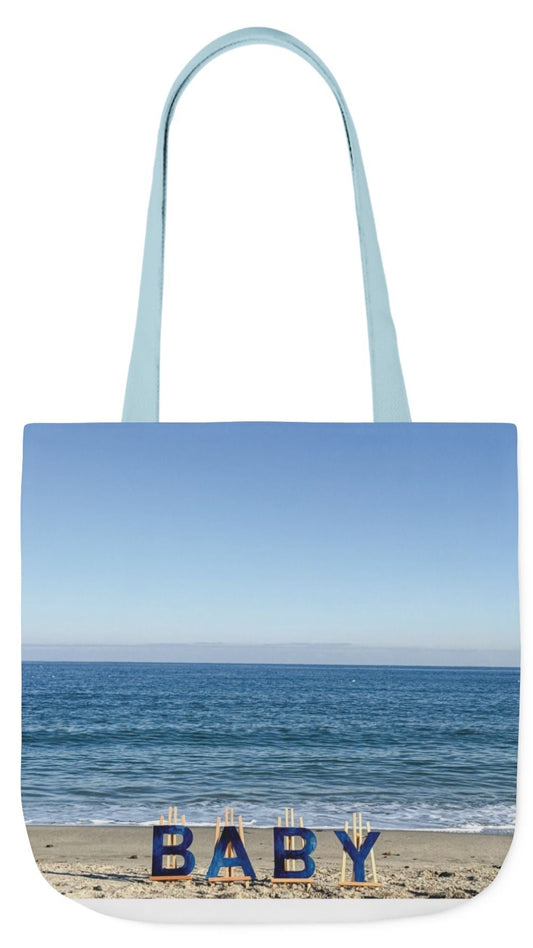 Baby Tote Bag (Blue) 18” x 18”with the same all over print on each side. Blue or White handles. "Beach Baby Tote Bag".