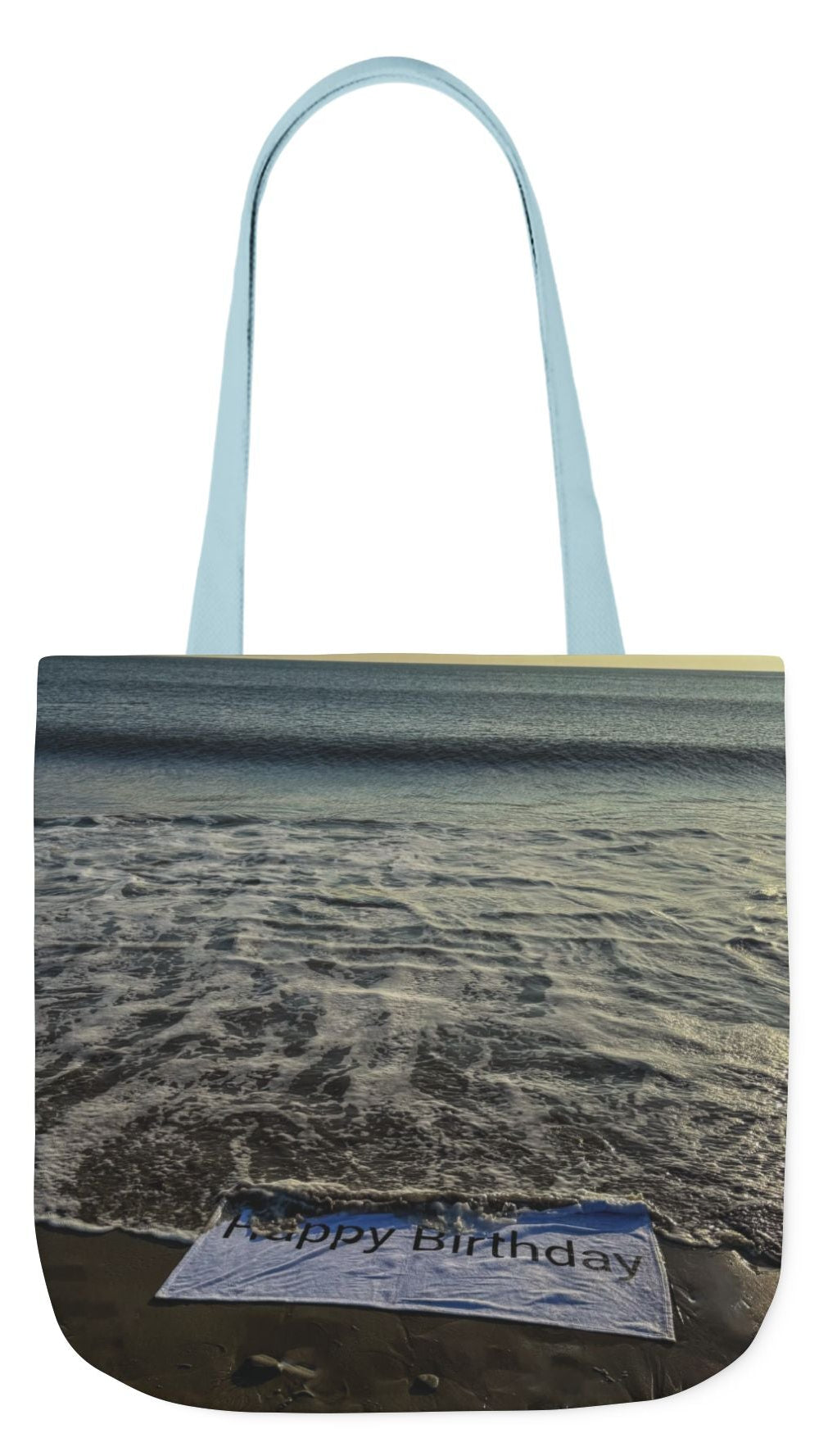 Birthday Tote Bag 18” x 18” different print on each side. 3 Handle Color Options. “Beach & Beachfront Birthday Bag Personalized”