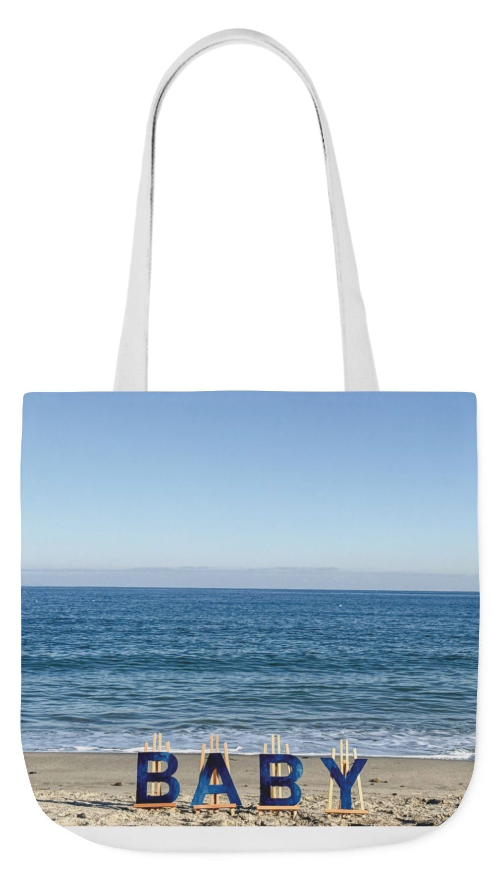 Baby Tote Bag (Blue Handles) 18” x 18”with the same print on each side. Blue or White handles. "Beach Baby Tote Bag".