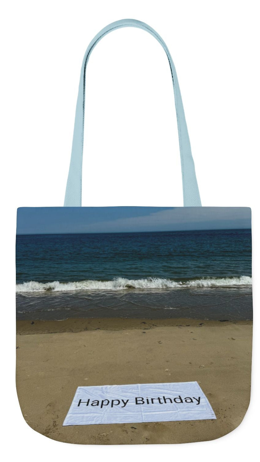 Birthday Tote Bag 13" x 13" different print on each side. 3 Handle Color Options. "Beach & Beach Sand Birthday"