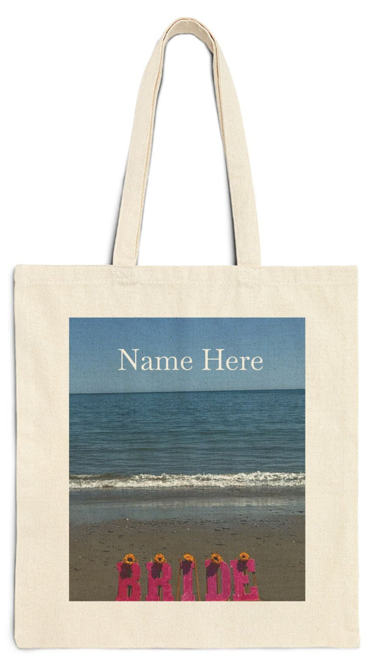 Bride Tote Bag Natural Color 15" x 16" Cotton Canvas Different Print on Each Side. "Beachfront & Shoreline Bride Bag" (Personalize it)