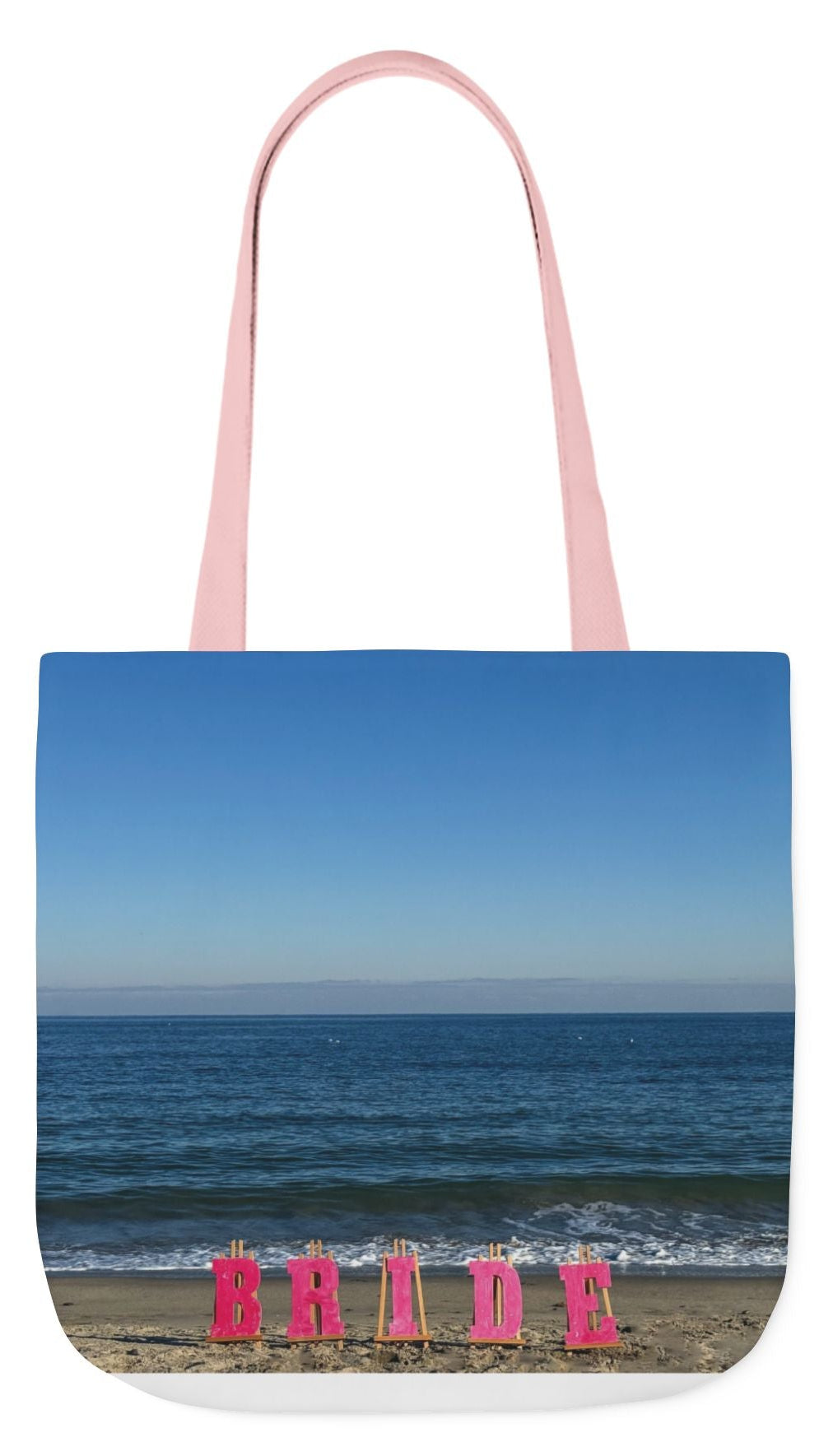 Bride Tote Bag 18” x 18” different print on each side. Pink or White Handle Choice. “Seaside & Beach Bride Bag Personalized”