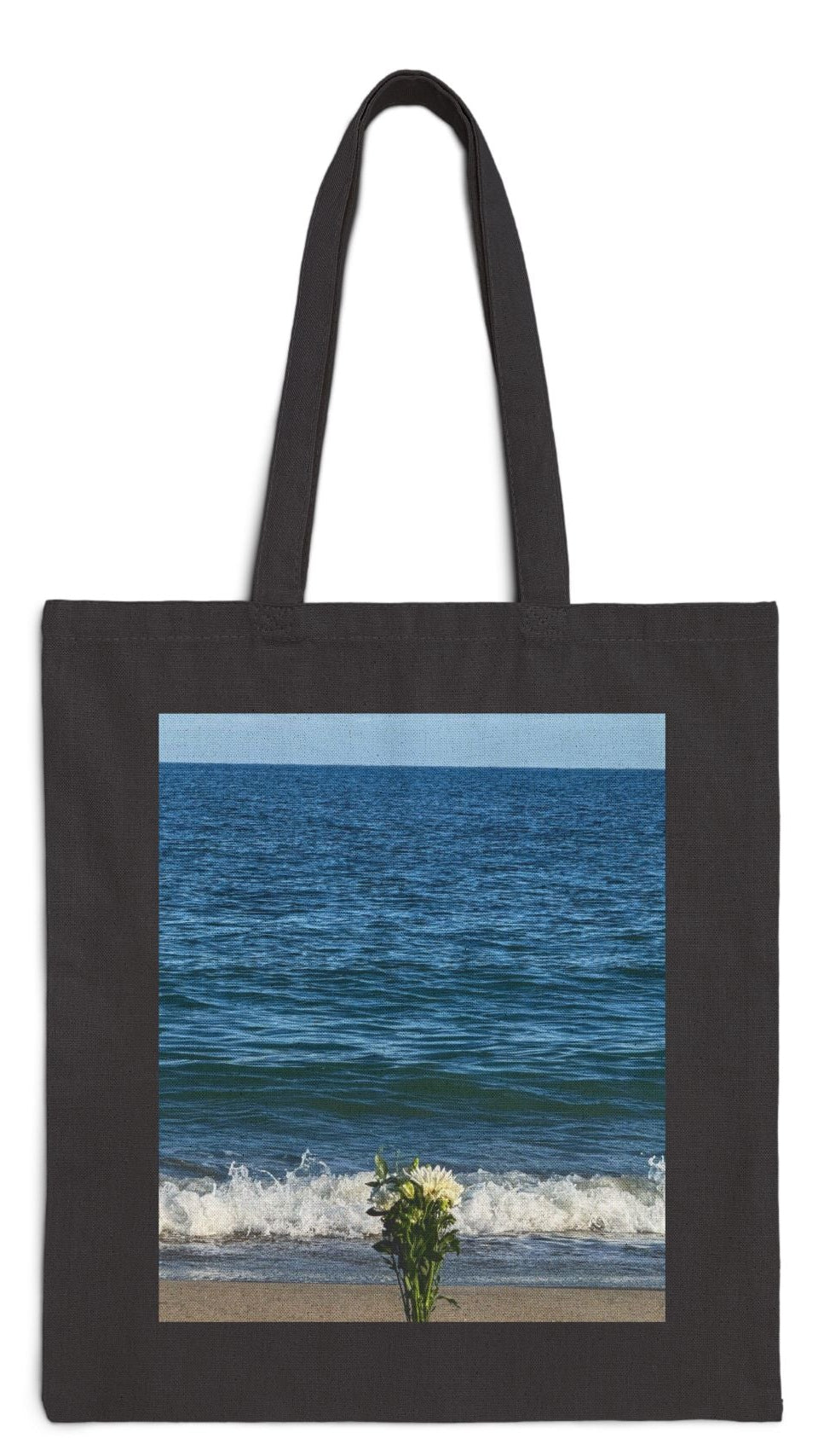 Floral Tote Bag Black 15" x 16" Cotton Canvas Print on One Side. " Seaside Flowers"