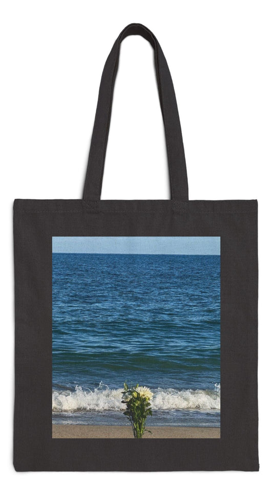 Floral Tote Bag Black 15" x 16" Cotton Canvas Print on One Side. " Seaside Flowers"