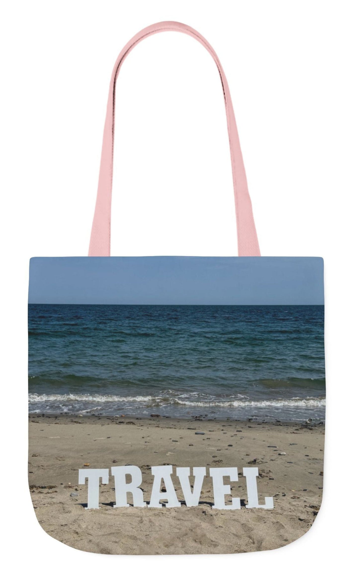 travel tote bag pink handles matching beach scene each side
