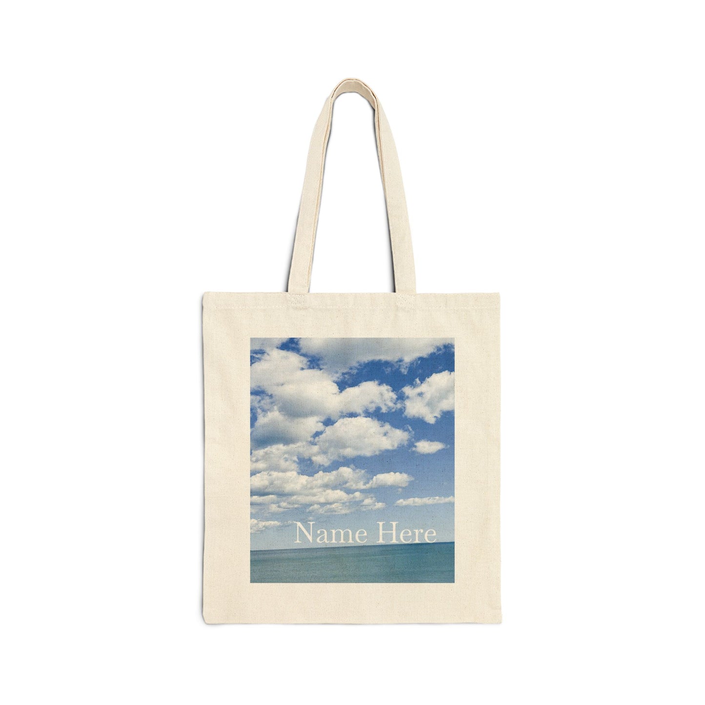 Personalized Everyday Tote Bag 15" x 16" Natural Color Cotton Canvas Tote Bag. “ Seaside Bright Clouds”