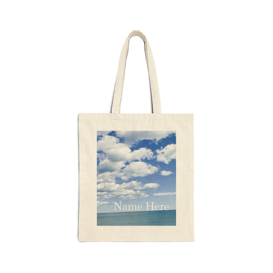 Personalized Everyday Tote Bag 15" x 16" Natural Color Cotton Canvas Tote Bag. “ Seaside Bright Clouds”