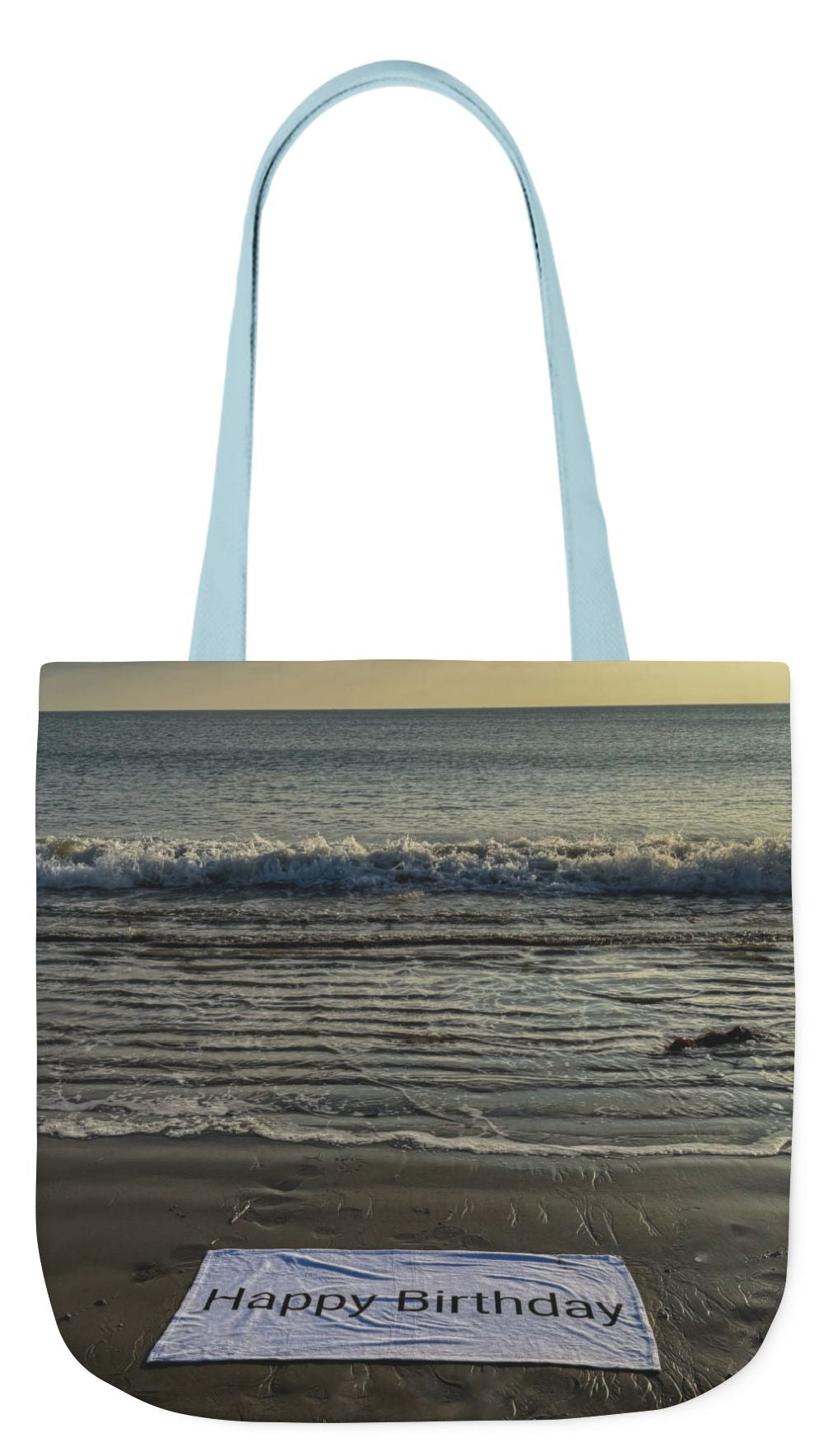 Birthday Tote Bag 18” x 18” different print on each side. 3 Handle Color Options. “Beach & Beachfront Birthday Bag”