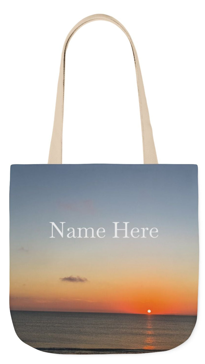 Personalized Everyday Tote Bag 13” x 13” different print on each side. 5 Handle Color Options. option. “Seaside Sunrising”