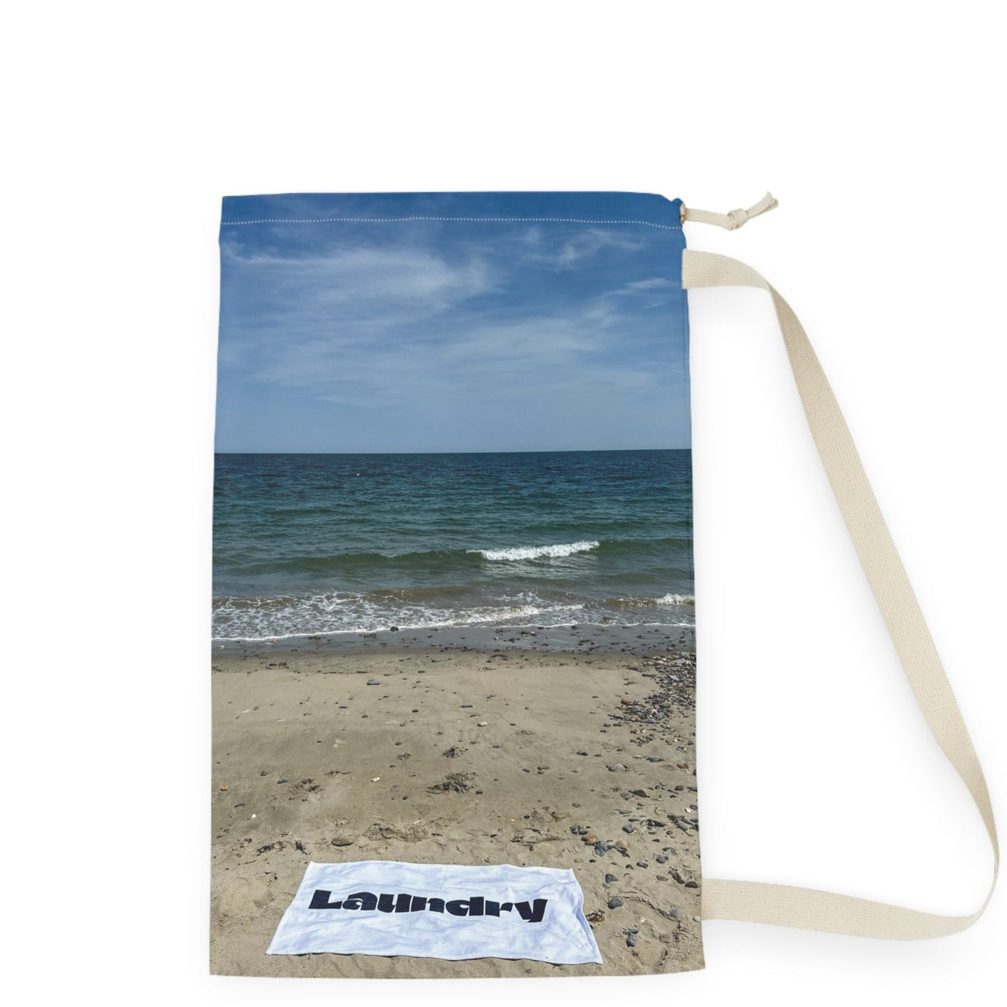 Laundry bag with shoulder strap and drawstring. Allover same print on both sides. "18 x 29". Seaside Laundry Day".