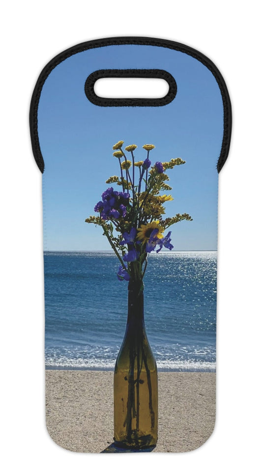 Wine Tote Bag for 1 Bottle with Same Print on Both Sides. "Shoreline Flowers in a Bottle"