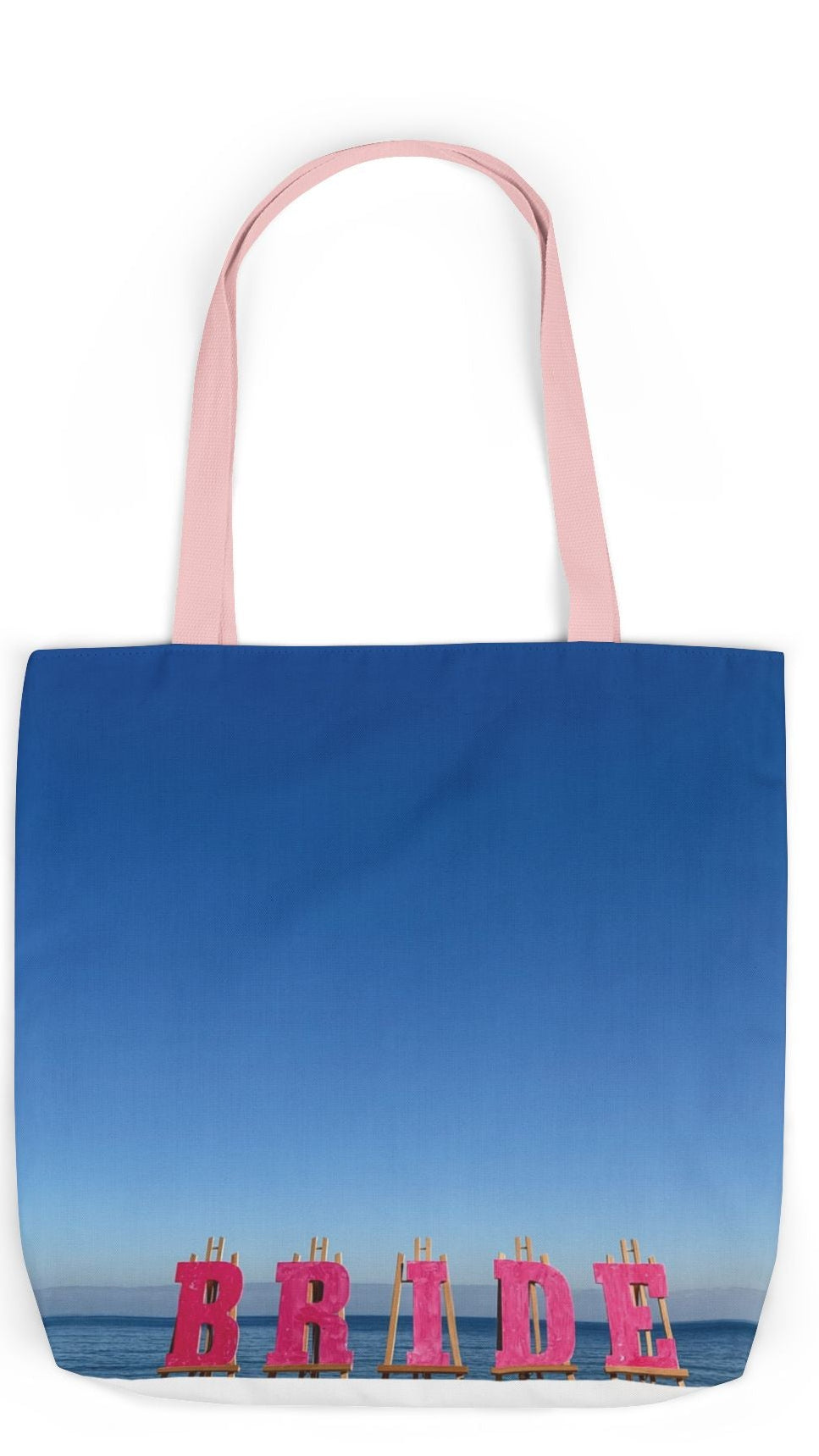 Bride Tote Bag 18" x 18" same print on each side. Pink or white handle choice. "Seaside Bride Bag Personalized"