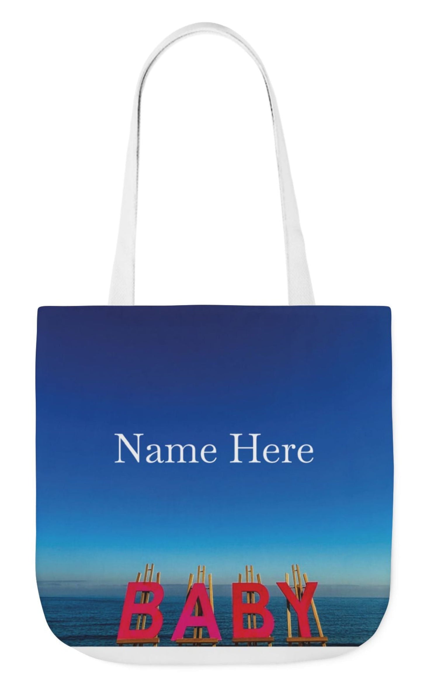 personalized baby tote bag with white handles shoreline theme 18" x 18"