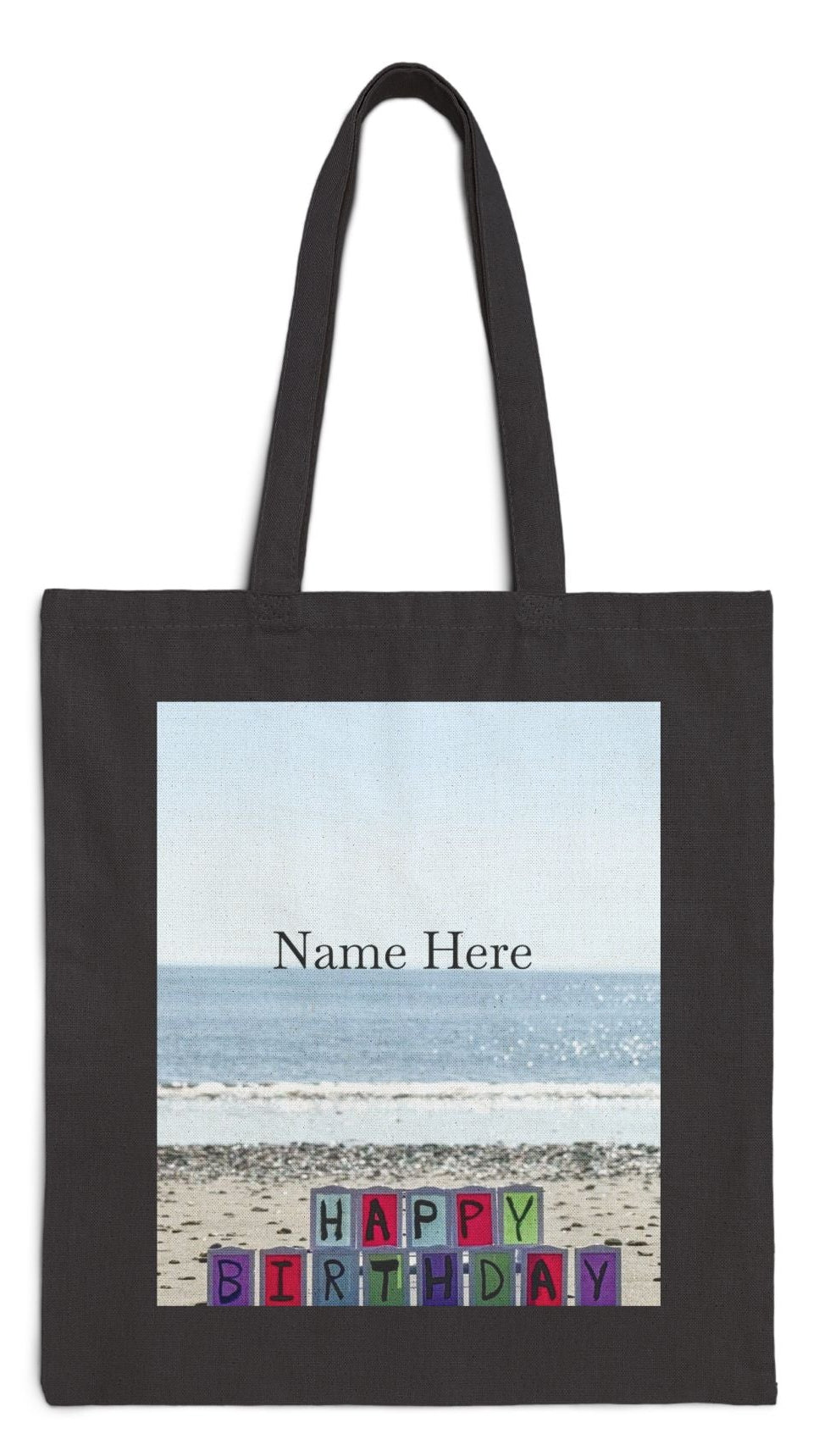 Birthday Tote Bag Black 15" x 16" Cotton Canvas Print on One Side. "Beachfront Birthday" (Personalize it)