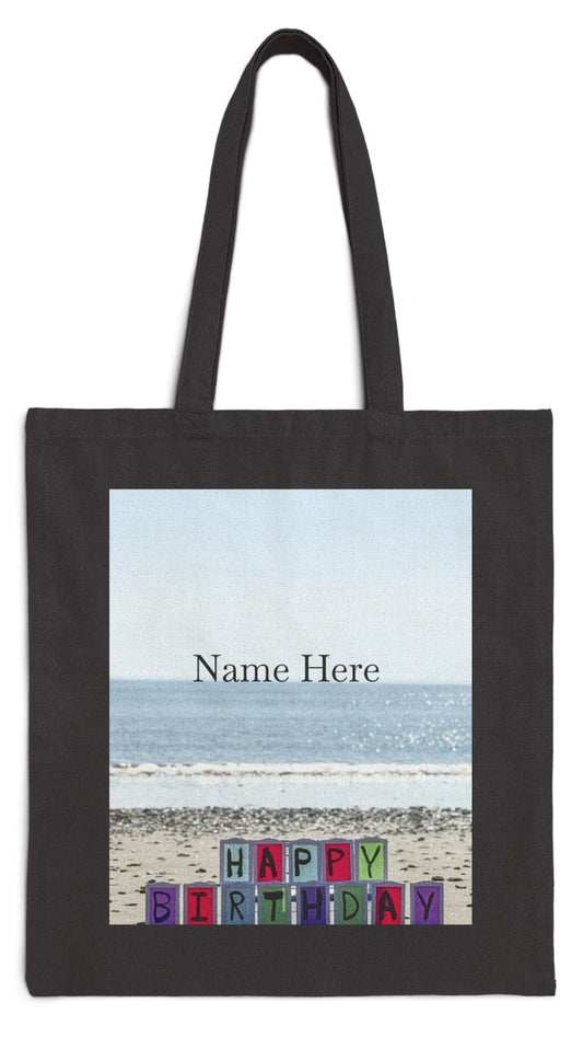 Birthday Tote Bag Black 15" x 16" Cotton Canvas Print on One Side. "Beachfront Birthday" (Personalize it)