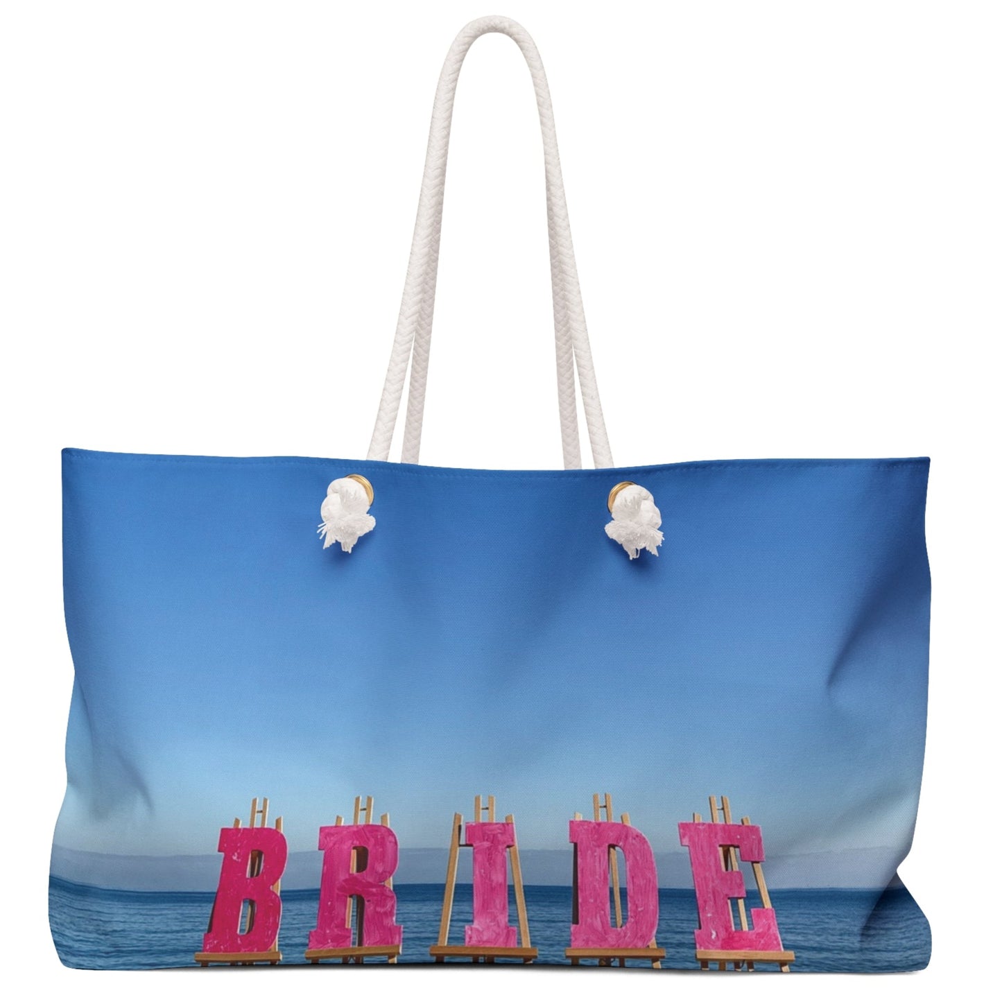 Bride Weekender Bag with same allover print on each side and rope handles. "24 x 13". "Seaside Bride Weekender Bag".