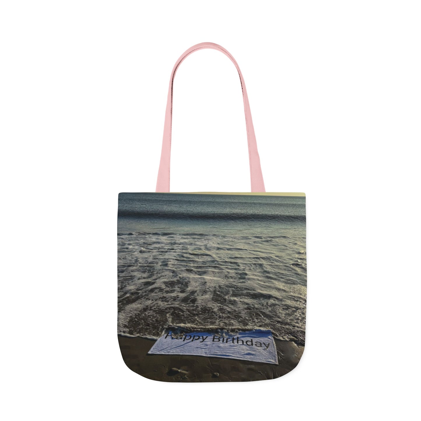 Birthday Tote Bag 18” x 18” different print on each side. 3 Handle Color Options. “Beach & Beachfront Birthday Bag Personalized”