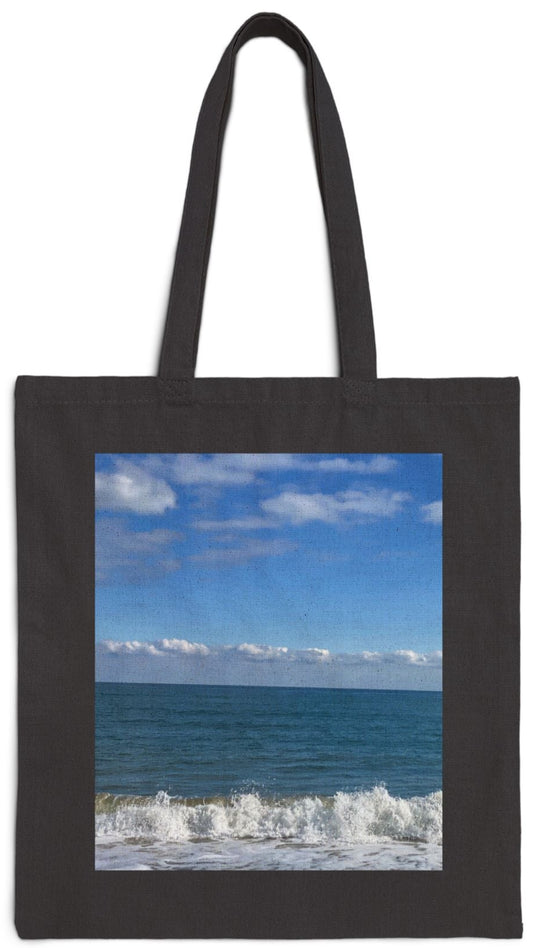 Beach Tote Bag Black 15" x 16" Cotton Canvas Print on One Side. "Big Waves"
