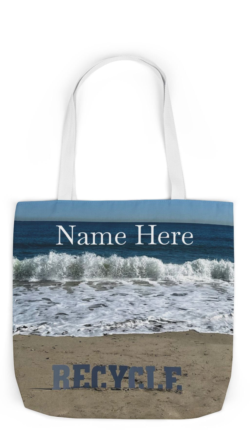 Recycle Tote Bag 18” x 18” same print on each side. 5 Handle Color Options. "Beach Recycle Bag Personalized”