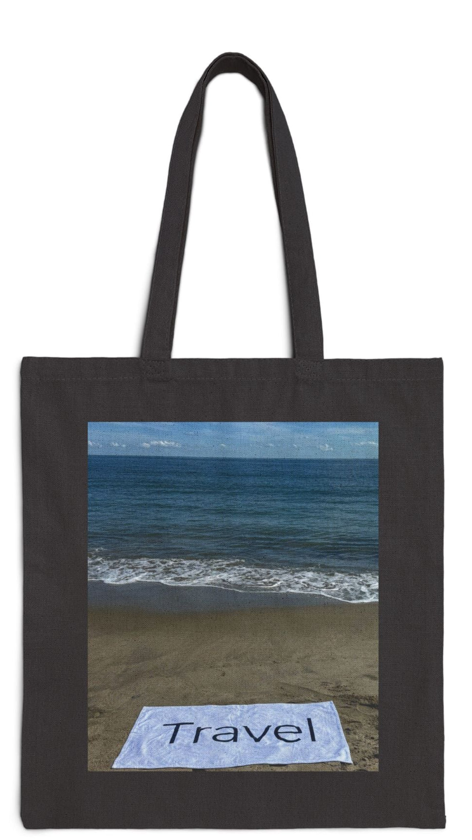 Travel Tote Bag Black 15” x 16” Cotton Canvas Print on One Side. “Beachfront Travel Bag”
