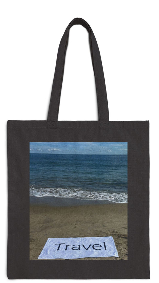 Travel Tote Bag Black 15” x 16” Cotton Canvas Print on One Side. “Beachfront Travel Bag”