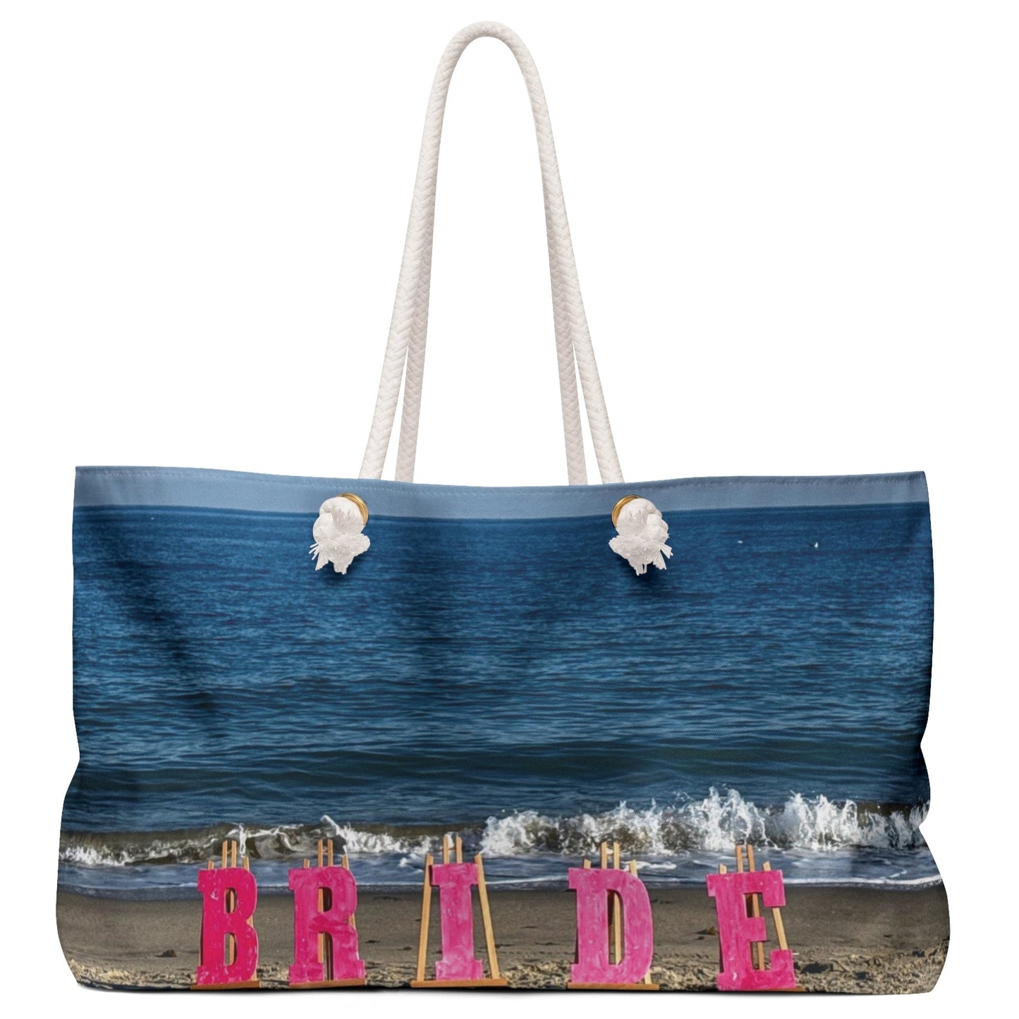 Bride Weekender Bag with same allover print on each side and rope handles. "24 x 13". "Beach Bride Weekender Bag"