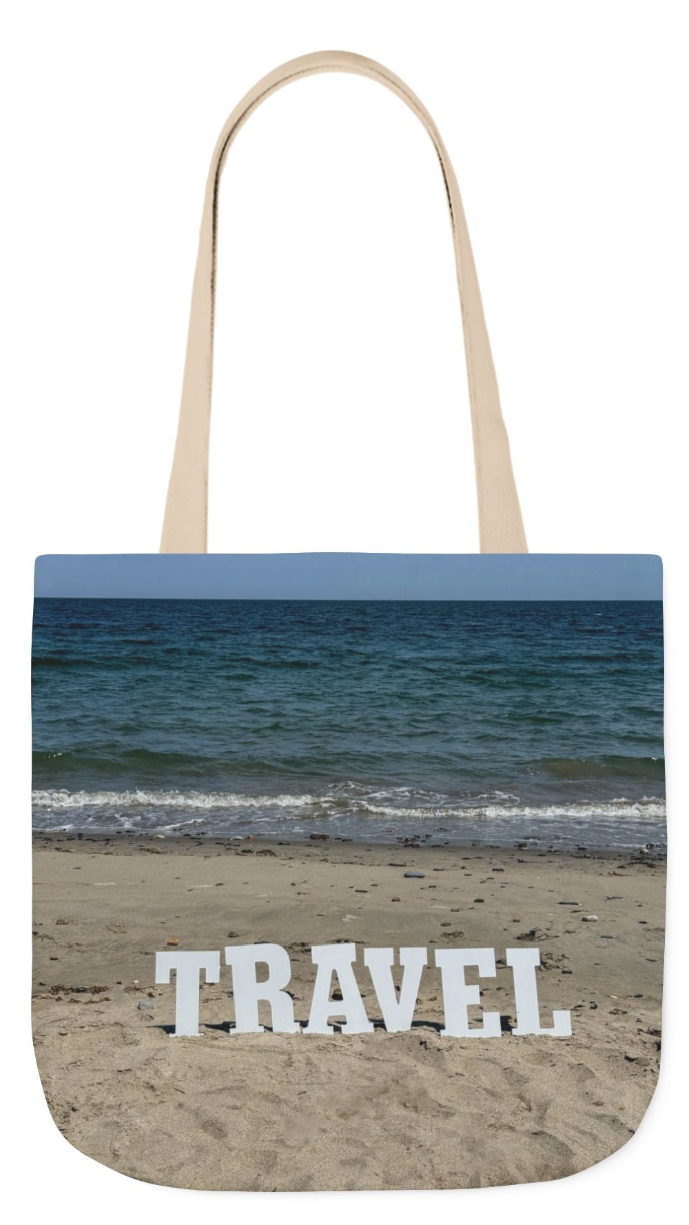 Travel Tote Bag 18” x 18” different print on each side. 5 handle color options. “Seaside & Beach Travel Bag Personalized”