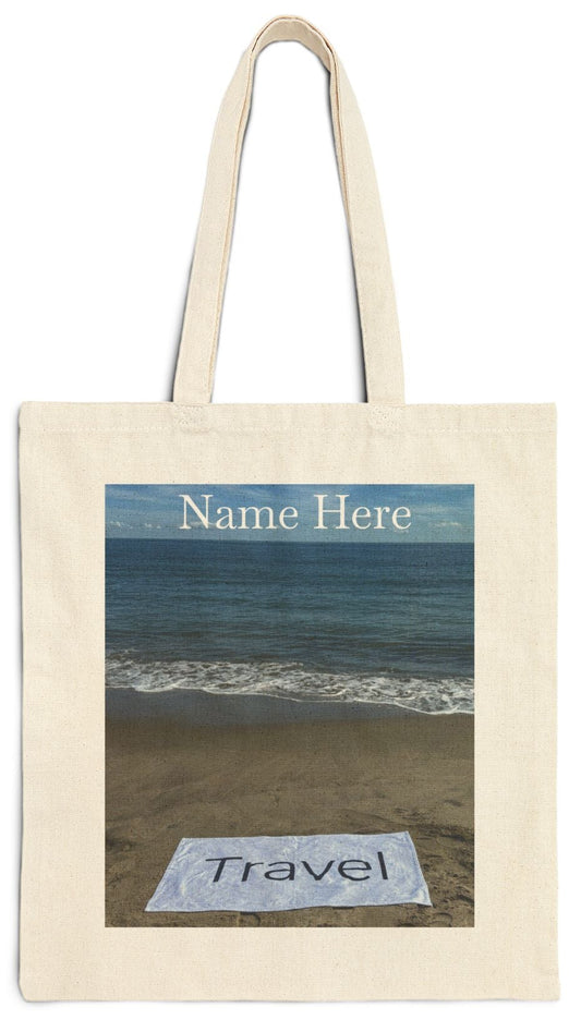 Travel Tote Bag 15” x 16” Natural Color Cotton Canvas Print on One Side. “Beachfront Travel Bag” (Personalize it)