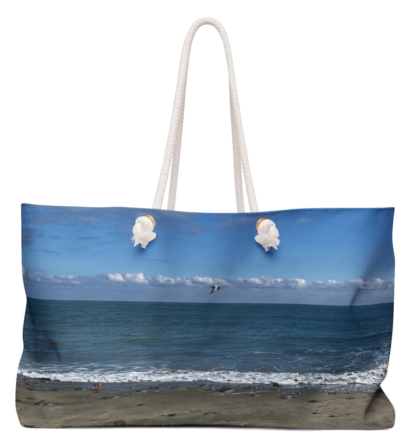 weekender bag with beachside scene travel bag with rope handles