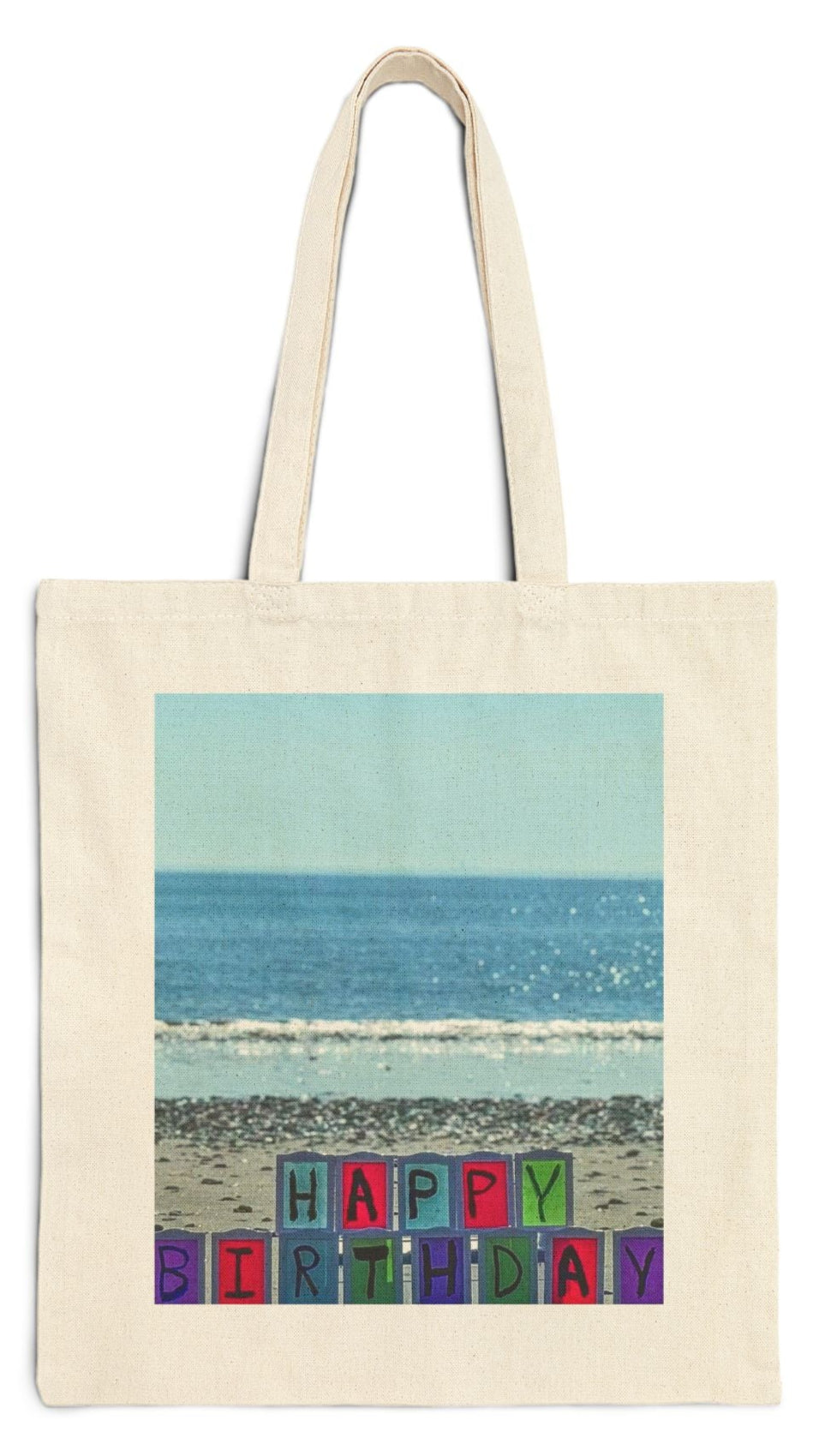 Birthday Tote Bag Natural Color 15" x 16" Cotton Canvas Print on One Side. "Seaside Birthday"