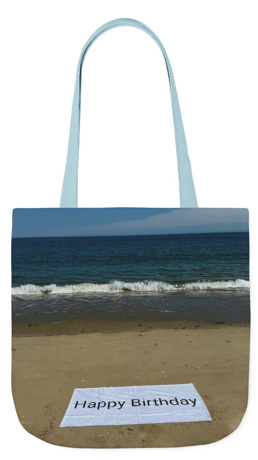 Birthday Tote Bag 18" x 18" different print on each side. 3 handle color options. "Beach & Beach Sand Birthday Personalized”