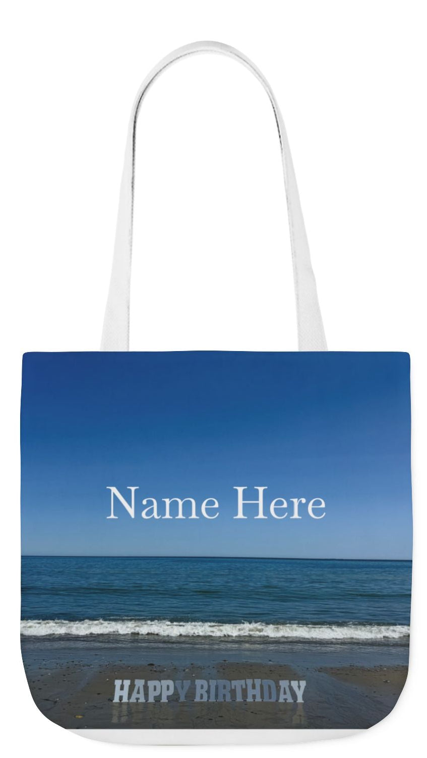 Birthday Tote Bag 13" x 13" different print on each side. 3 Handle Color Options. "Beach & Beach Sand Birthday Personalized”