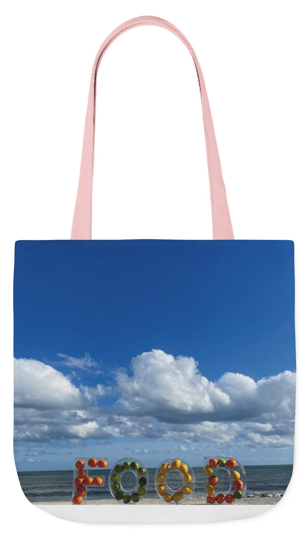 Food Tote Bag 18" x 18" with the Same Print on Both Sides and 4 handle color options. "Beachy Food Bag"