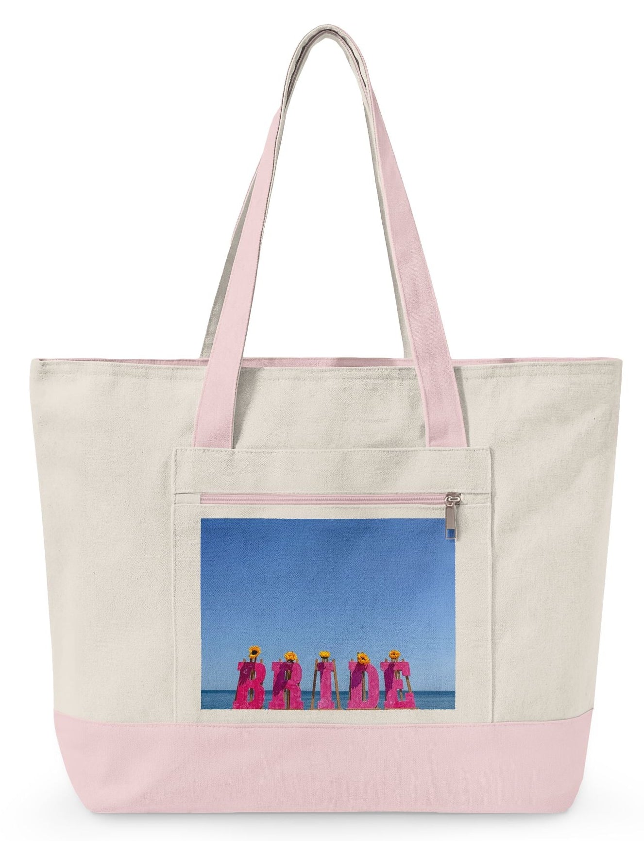 Bride Tote Bag with Zippers and Pink Highlights. "Beachfront Bride Bag"