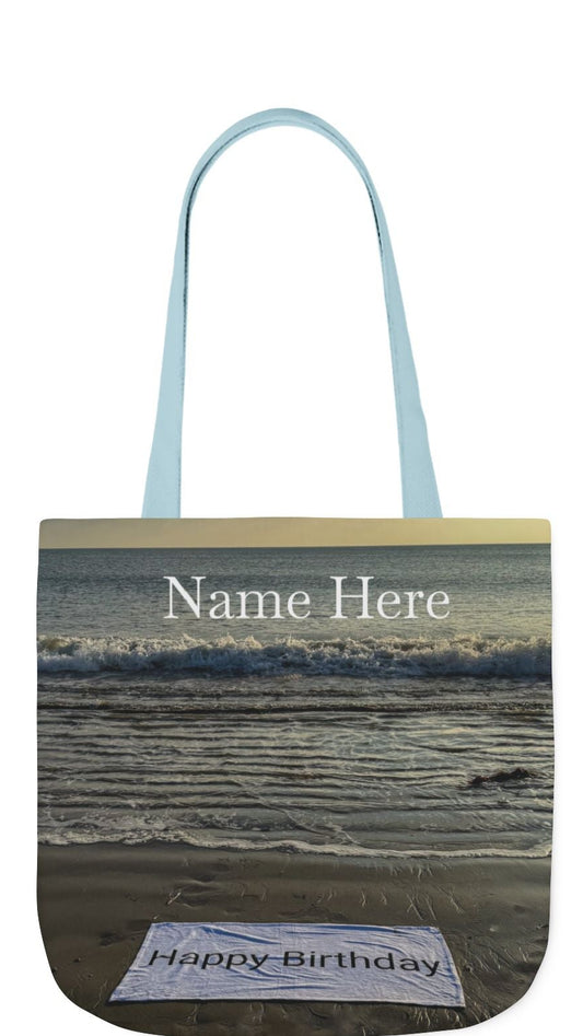 Birthday Tote Bag 13” x 13” different print on each side. 3 Handle Color Options. “Beachfront Birthday Bag Personalized”