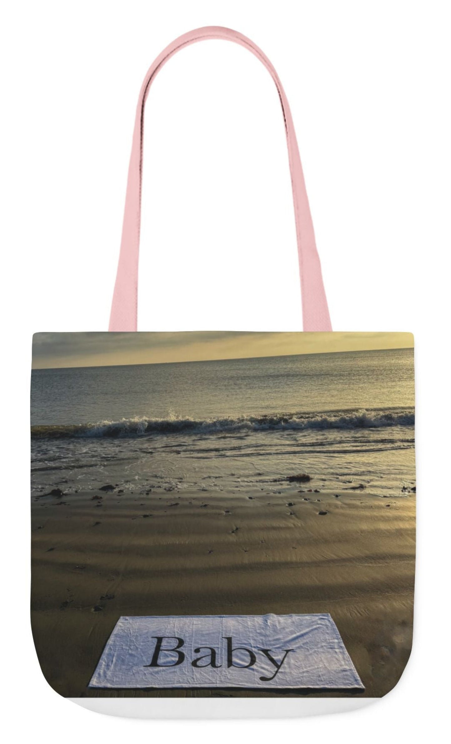 back of beach themed personalized baby tote bag with pink handles 18" x 18"