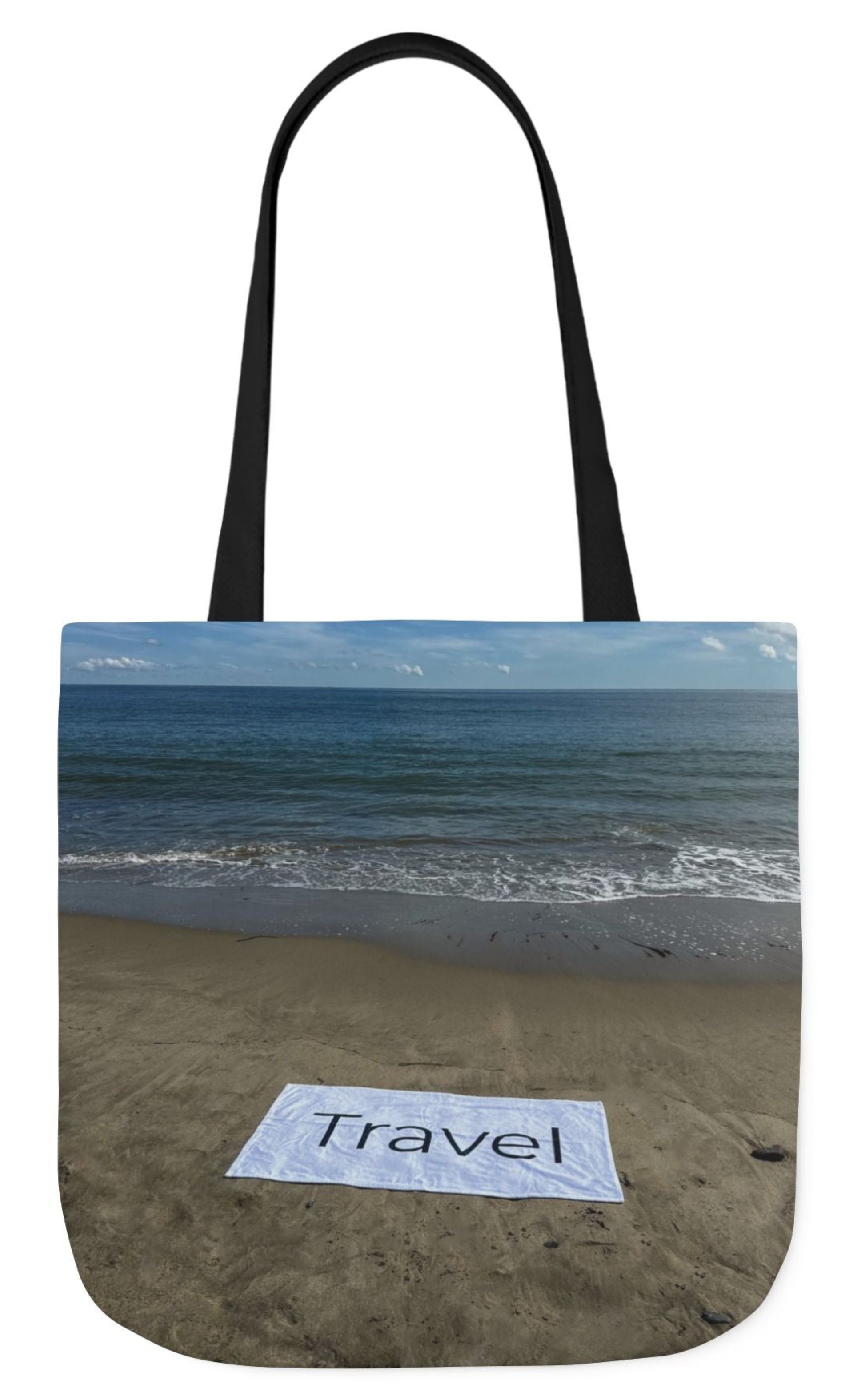 travel tote bag with black handles same beach scene on each side
