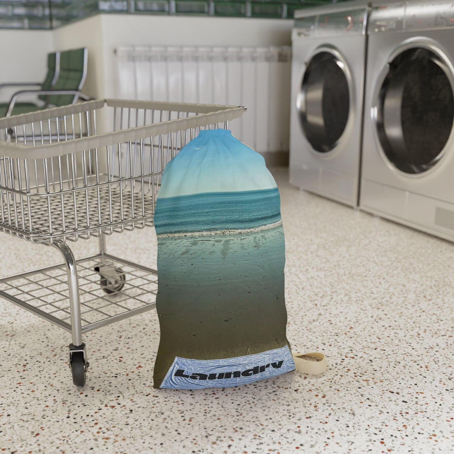 Laundry Bag with Shoulder Strap and Drawstring. Same print on both sides. "18 x 29". "Laundry day at the shore".