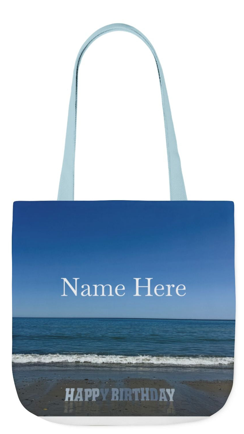 Birthday Tote Bag 13" x 13" different print on each side. 3 Handle Color Options. "Beach & Beach Sand Birthday Personalized”