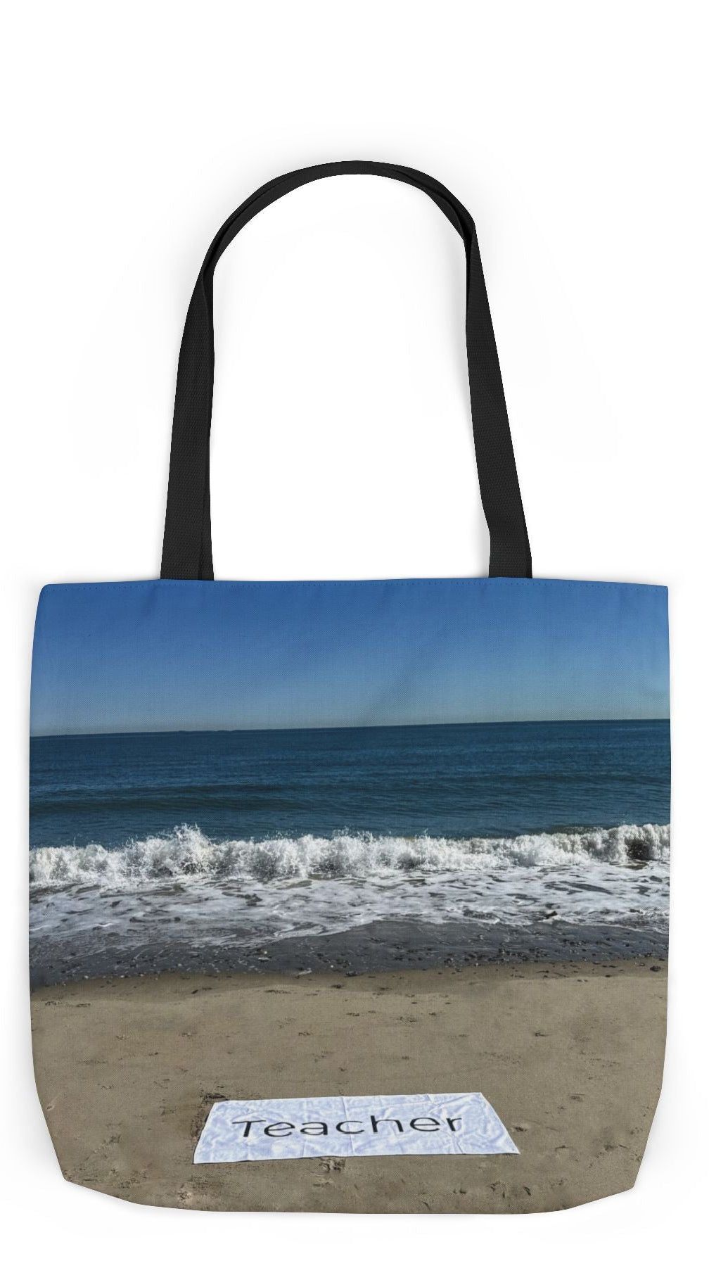 Teacher Tote Bag 18” x 18”  same print on each side. 5 Handle Color Options. “Beachfront Teacher Bag”