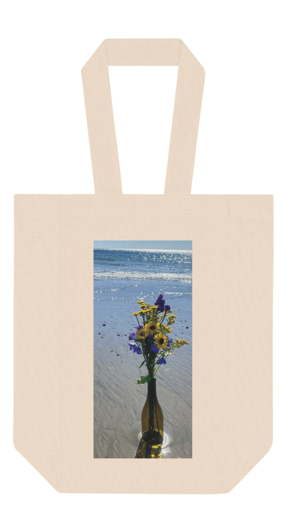 Wine Tote Bag Double (Two Bottles) with Print on One Side. "Beachy Flowers in a Bottle"