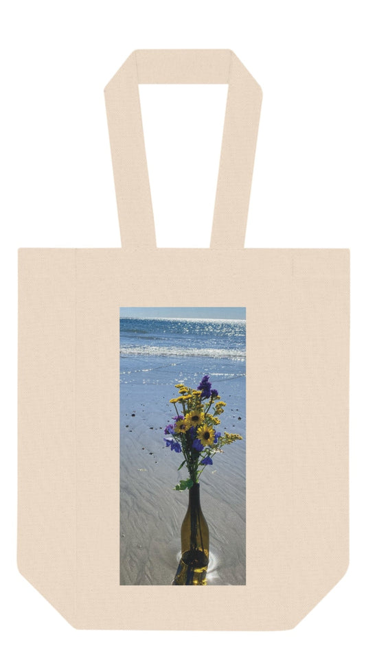 Wine Tote Bag Double (Two Bottles) with Print on One Side. "Beachy Flowers in a Bottle"