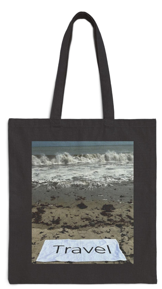 Travel Tote Bag Black 15” x 16” Cotton Canvas Print on One Side. “Wild Waves Travel Bag”