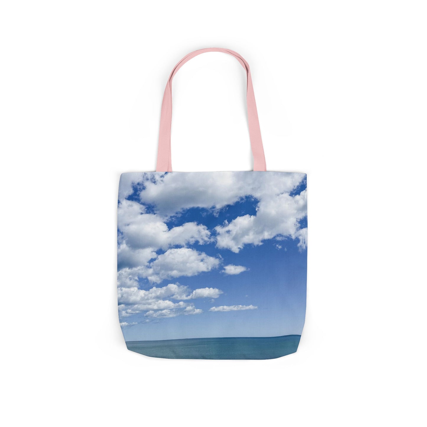 Everyday Tote Bag 18” x 18” same print on each side. 3 Handle Color Options. “Seaside Bright Clouds Personalized”